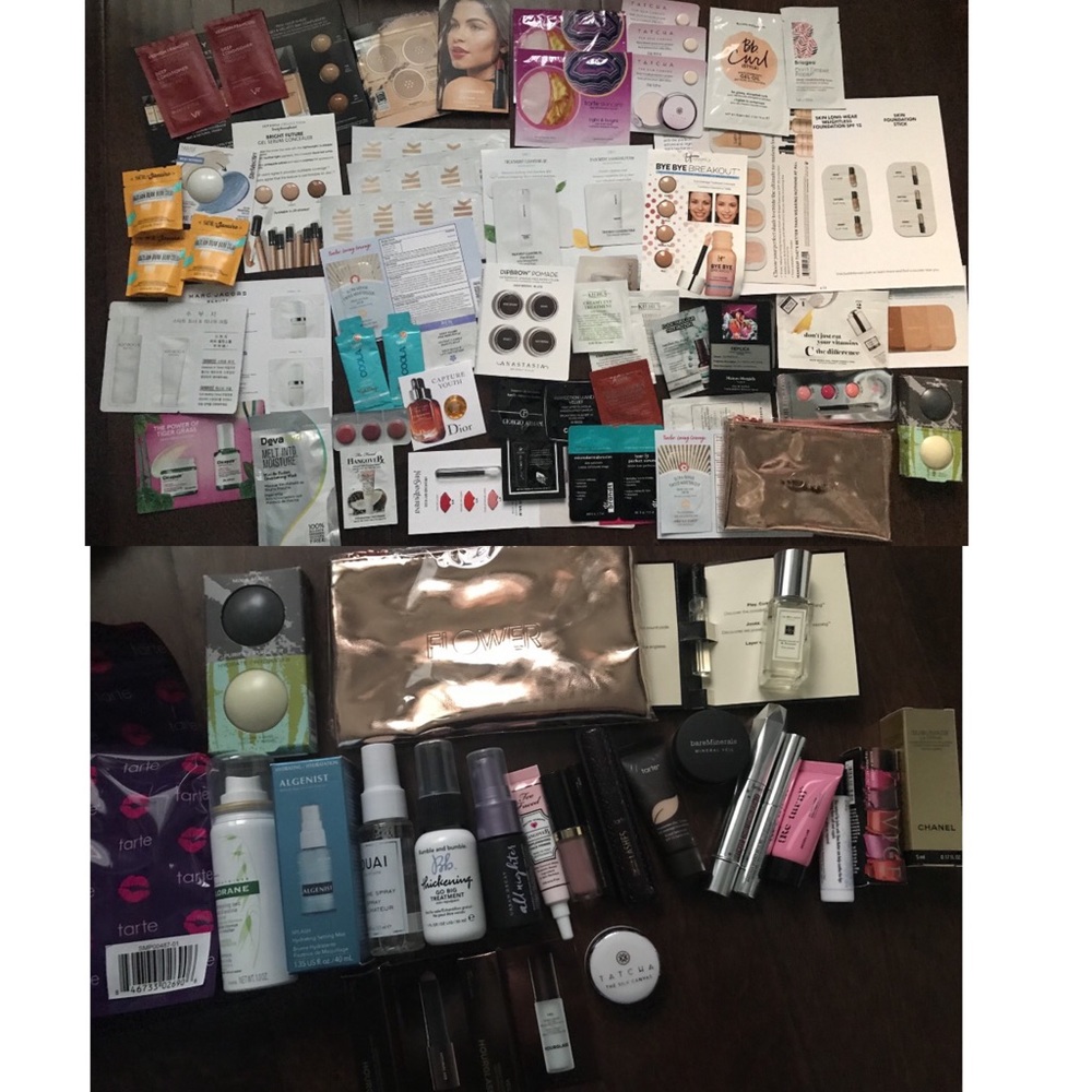 makeup pouch + samples from subscription boxes